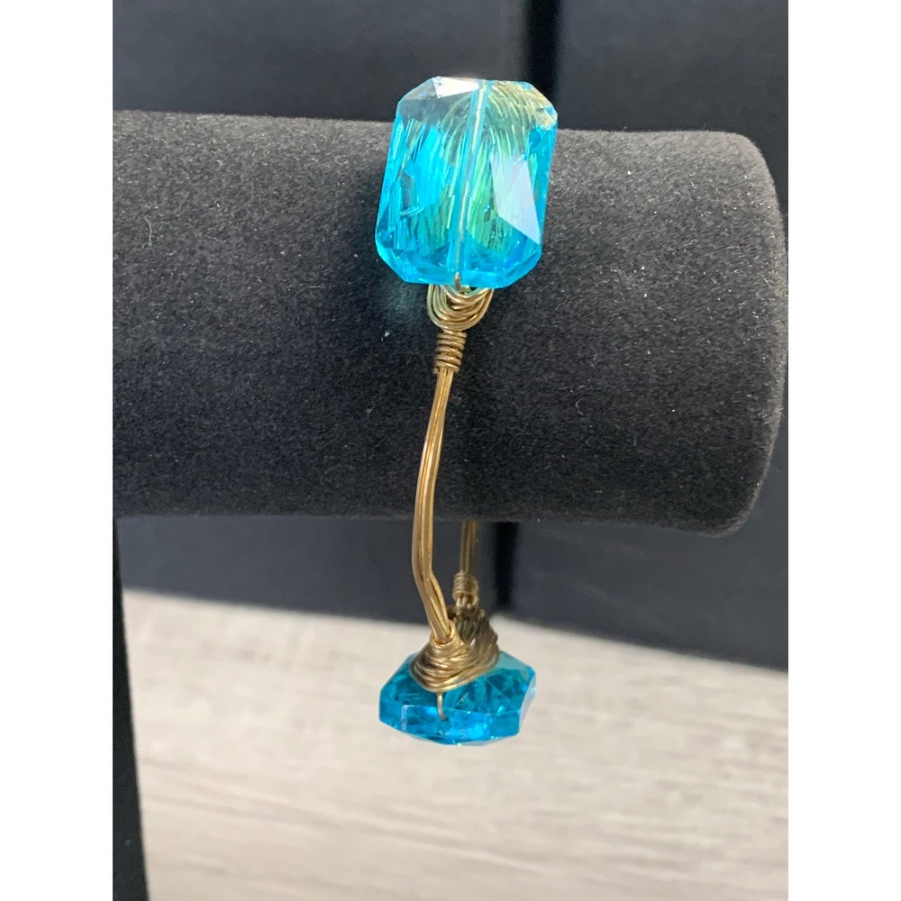 Gold Tone Wire Wrapped Aqua Blue Crystal Bangle Bracelet Boho Statement 6 Inch